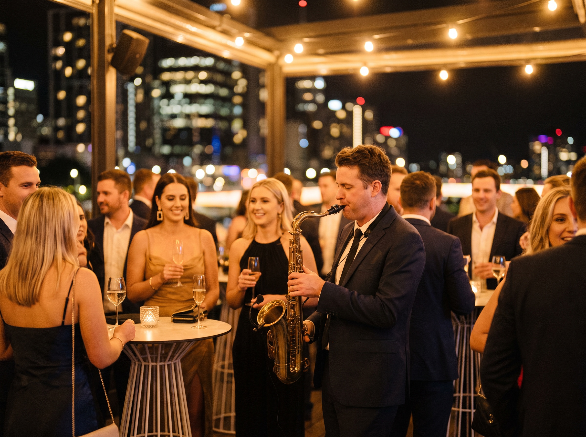 Live saxophonist performing at a cocktail event, Brisbane